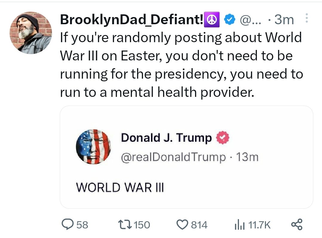 Most_Maximus1's tweet photo. By sharing this, he is randomly posting about WWIII. The hypocrisy is hilarious and the irony is fantastic. https://t.co/VJCrh7Iykj