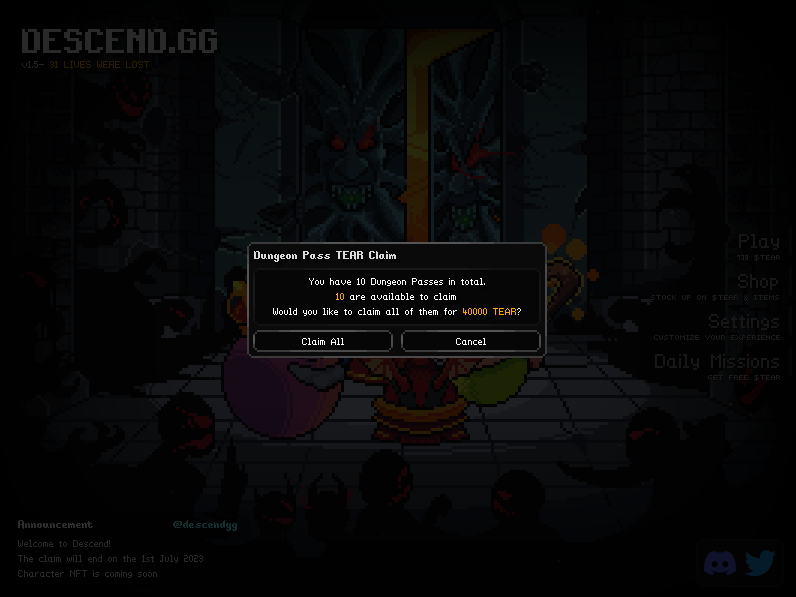 ⚔️ Dungeon Pass TEAR Claim ⚔️

Claim 4000 TEAR for every Dungeon Pass you owned during the snapshot taken on March 24th, 00:00 UTC via descend.gg

Claim permanently ends after July 1st, 2023