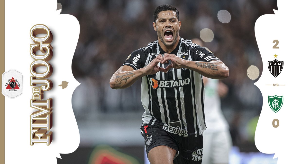 Atletico's tweet photo. 💪🏾⚫⚪ FIM DE JOGO NO MINEIRAO! #OMAIORCAMPEÃOMINEIRO VENCE O AMÉRICA, 2 A 0, E É TETRACAMPEÃO ESTADUAL PARA A FESTA DA MASSA!

⚽ @HulkPBoficial, duas vezes, marcou para o Alvinegro

#VamoGalo #CAMxAFC 🏴🏳️ https://t.co/GZnTdlgSpU
