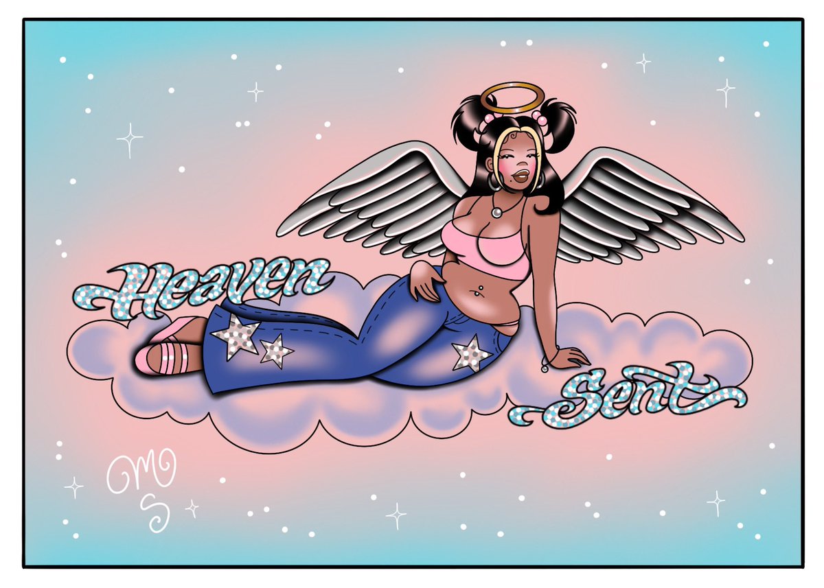 Inspired by vending machine stickers in the early 2000s 👼🏽✨☁️ would love to do this on a thigh back or stomach 🤩 #angeltattoo #pinuptattoo