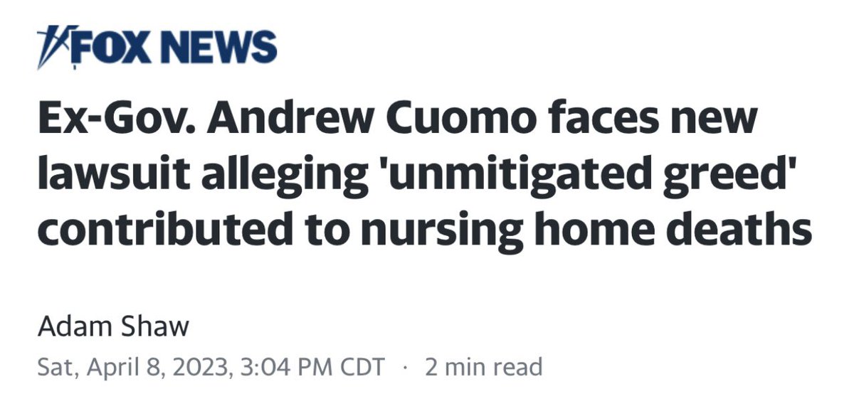 Suzy_1776's tweet photo. Cuomo is being sued again for nursing home deaths during covid. The case has been filed by the husband of Fox News meteorologist Janice Dean who lost BOTH of her parents in a nursing home. https://t.co/c05ArkKegi