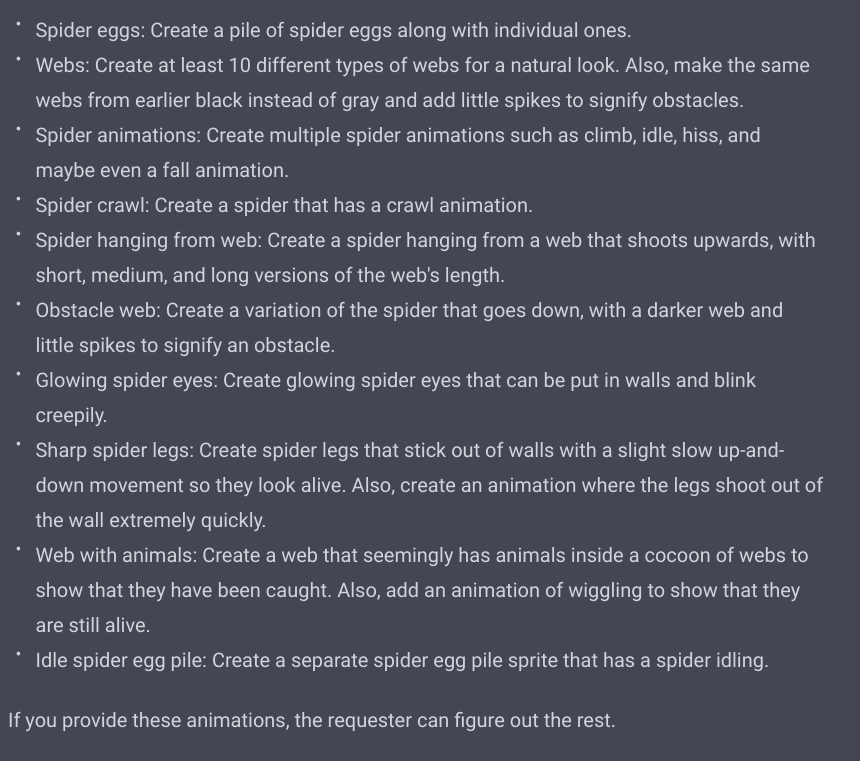 Dark_Decent_Dev's tweet image. 🚨Exciting news for our game development! 🕷️We&apos;ve added eggs, webs, crawling spiders, hanging spiders, glowing eyes, sharp legs, and more! 😱Check out our full list and please like, retweet, and follow for future updates! #gamedevelopment #Indiegame 🎮 #indie #indiedev #game #fun