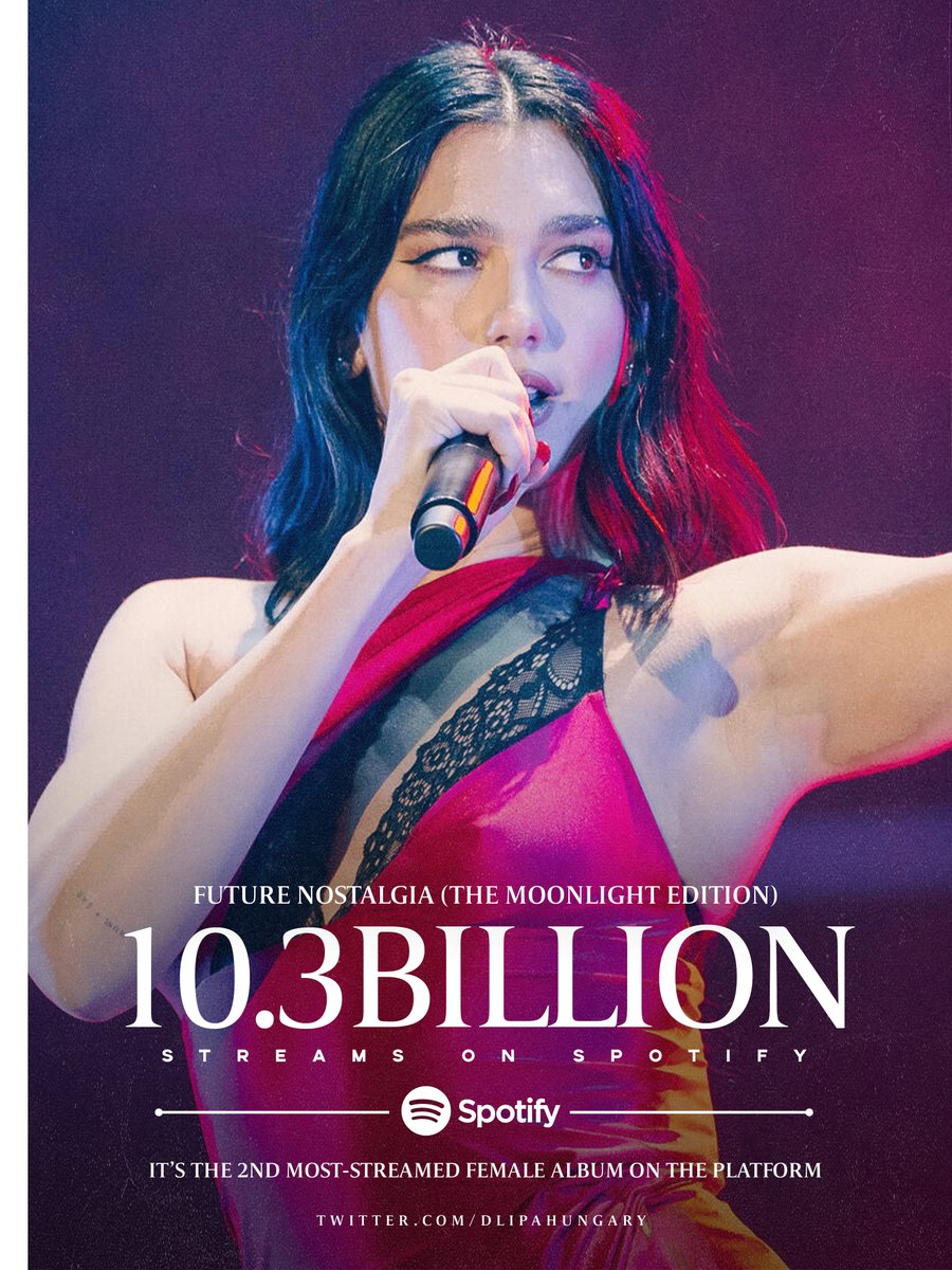 dlipahungary's tweet image. 🎧 | “Future Nostalgia (The Moonlight Edition)” has surpassed 10.3 Billion streams on Spotify! 

— It remains the 2nd most-streamed female album on the platform in history, landing at #6 overall