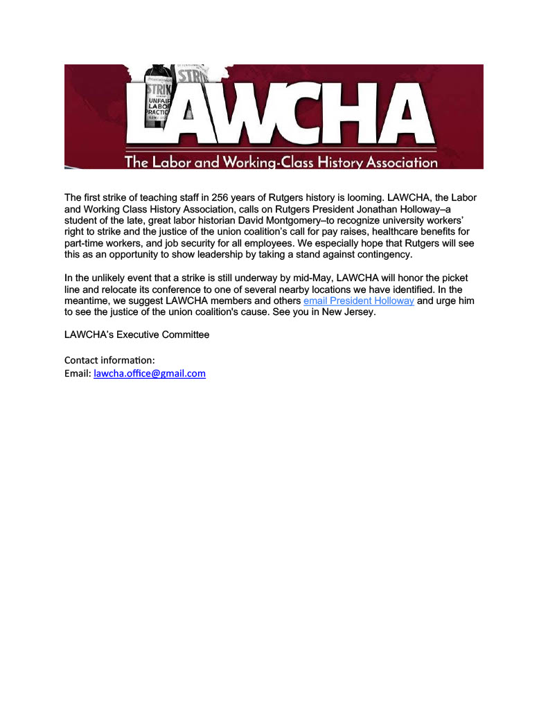 lawcha_org's tweet image. Our annual conference is at Rutgers May 18-20. Register now: form.jotform.com/230316347694156
Should @ruaaup be on strike we will NOT be crossing picket lines and have alternate local arrangements ready. 
You can also donate to the strike fund here: rafup.betterworld.org/donate?link_id…