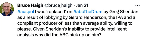 JonesHowDareYou's tweet photo. Exhibit ZY: Further evidence that our ABC prefers to groom the nation to be non-critical thinking morons like Greg Sheridan.
Shame on you, @ABCthedrum. Many of us will never, ever forgive you. #auspol #IPAWatch #ValeBruceHaigh https://t.co/iKXM7FQIJY