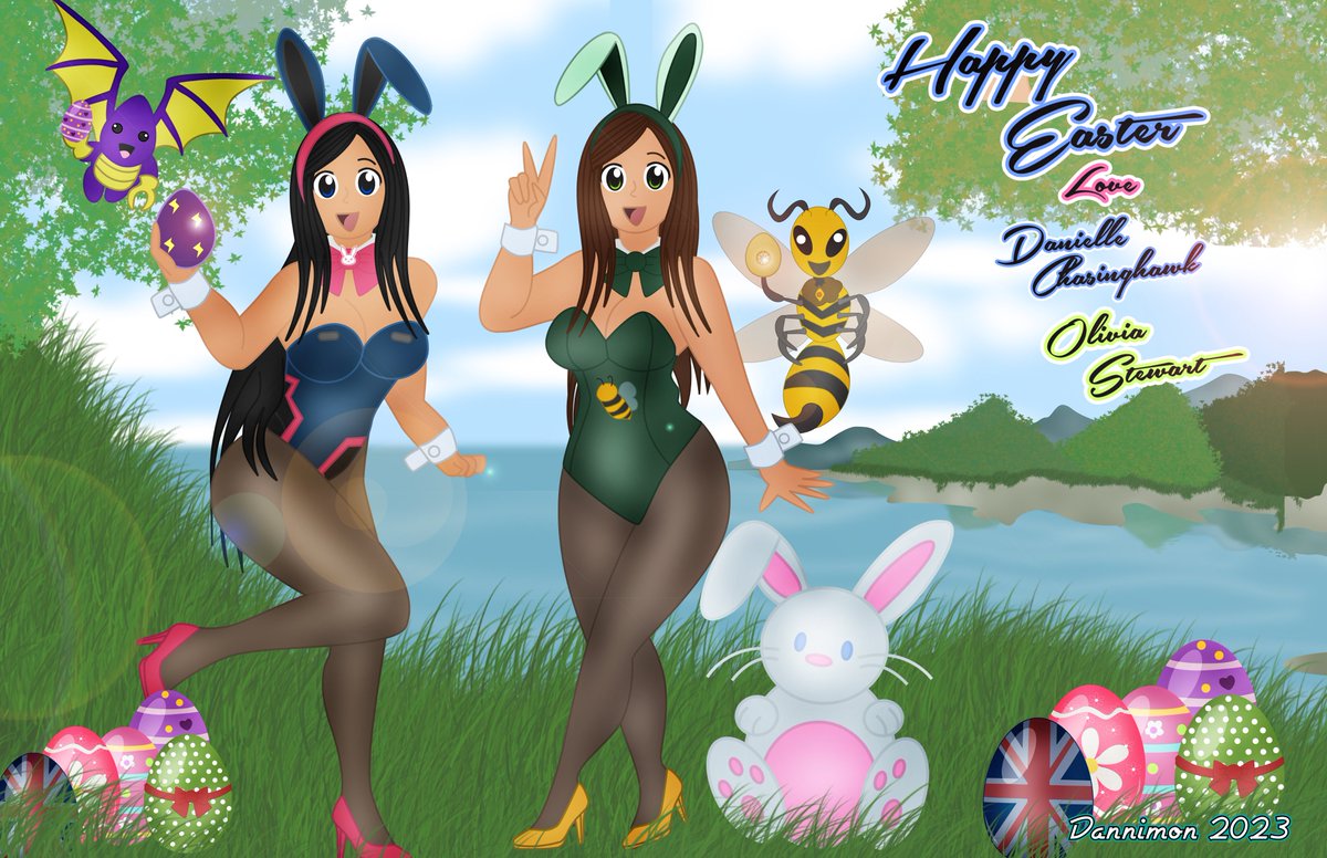 ArtofDanni's tweet image. Happy Easter from Danielle and Olivia as well as their Digimon, Demiskyemon and Seilleamon! #digmon #easter #bunnysuit #dannimondesigns #digiworldhd #digimonocs