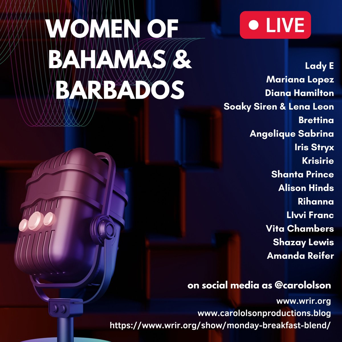 Wake up with me #Monday at 6am with #MondayBreakfastBlend #WomenArtRevolution on @wrir973 or stream at wrir.org playing #Bahamas #Bardaos #women <a href="/DianaHamilton/">Diana Hamilton</a> <a href="/SoakySiren/">Soaky Siren</a> <a href="/BahaBrettina/">Brettina</a> <a href="/IrisStryx/">Iris Stryx</a> <a href="/ShantaPrince/">Shanta Prince 💋🇧🇧</a> <a href="/AlisonHinds/">Alison Hinds</a> <a href="/rihanna/">Rihanna</a> <a href="/VitaChambers/">Vita Chambers</a>   <a href="/amandareifer/">Amanda Reifer</a>