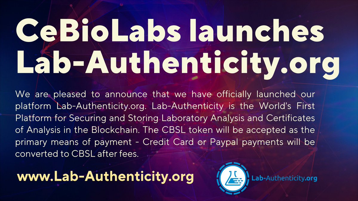 CeBioLabs's tweet image. 🎉CeBioLabs Launches Lab-Authenticity.org

@LabAuthenticity is the World's First Platform to Secure and Store Lab Analysis &amp;amp; Certificates of Analysis in the Blockchain. We are planning rapid market penetration of this huge market.

🪙 $CBSL Accepted

📌 cebiolabs.io/cebiolabs-laun…