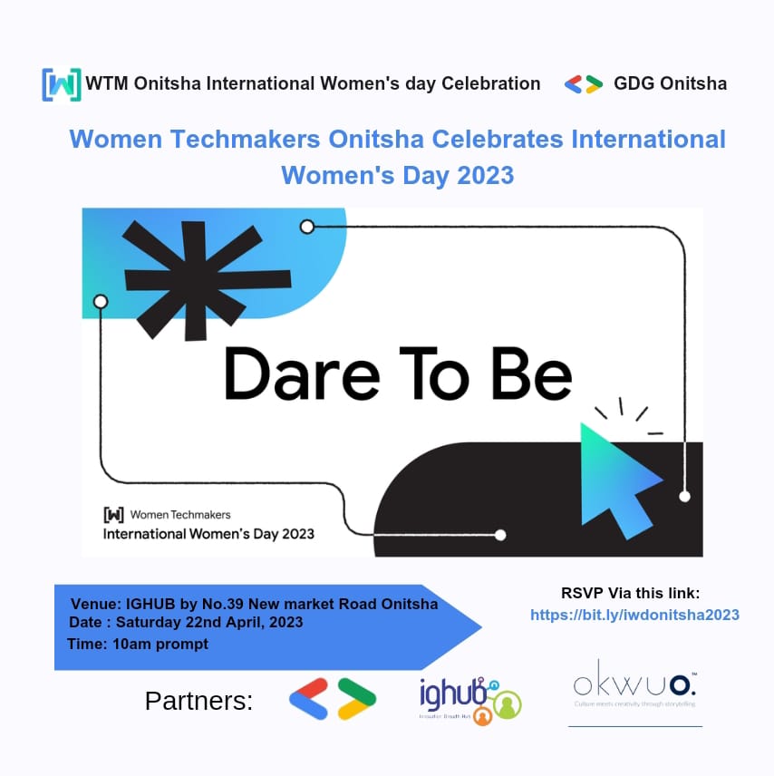 Hurry! Women Techmakers Onitsha celebrate her international Women's day on 22nd April,2023. The event is well package to handle topics like; 1.Choosing and sustaining a career in Tech 2.AI and Robotics the past, present and the future