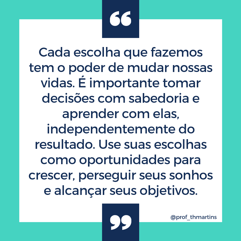 ThiagoFM88's tweet photo. "Cada escolha que fazemos tem o poder de mudar nossas vidas. É importante tomar decisões com sabedoria e aprender com elas, independentemente do resultado. Use suas escolhas como oportunidades para crescer, perseguir seus sonhos e alcançar seus objetivos. #escolhas #aprendizado https://t.co/iAjoUGw32T