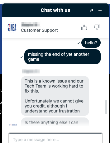 jumand's tweet photo. Lame  @NBAcom  and its LeaguePass suffered outages in the final 5 minutes of the last games of the season.  Predictable surge in traffic met with unreliable availability.  But "its a known issue and the tech team is working hard to fix it." 🙄 https://t.co/CdePvPOAEI
