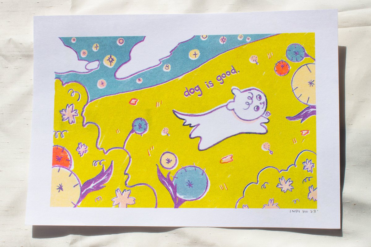 indihoart's tweet photo. "Dog is Good" riso.   
A print adaption of my children's book cover telling the story of how the impact of loved ones will go with us wherever we go even after the absence of their physical presence in the world.   

#dog #riso #risograph #print #art #drawing #sketch https://t.co/xVvDmgQYP2