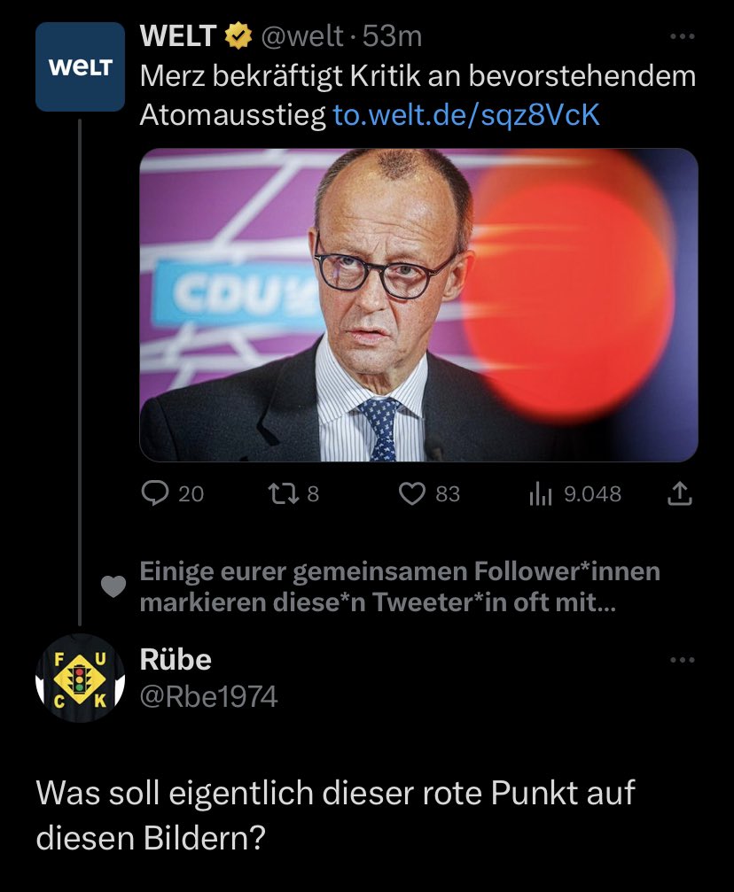 Der_Ingenieur_'s tweet photo. @Rbe1974 @welt Die #Rotpunkte sind eine Art „Code“. Es gibt dazu auf YT interessante Ausführungen.
Es bedeutet, der abgebildete Politiker von den ‚Unterstützern im Hintergrund‘ in diesem Punkt mit dieser Haltung finanziell/medial nicht unterstützt wird, weil deren Agenda etwas anderes wünscht. https://t.co/dP3QgHn6db