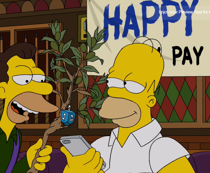 CountTheHomer's tweet photo. To #TheSimpsons, #Jewish = dreidel. Like a 2021 episode. Homer is at Moe's Bar, and Marge calls and complains that there's always some celebration. Lenny displays an olive branch, with a dreidel tied to it, and pipes in, “Don't forget Tu B'shvat, the Jewish Arbor Day!” https://t.co/dWzYkm2qg0
