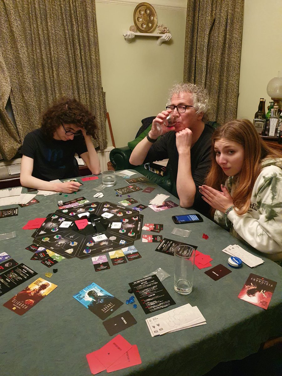 A long, but very silly, evening playing “Evil Corp” for the first time. 

Suspect we missed countless useful rules and invented some others (including our own fictional cryptocurrency when the bank ran out), but of course <a href="/mrzero_knew/">Daisy Dolan</a> won, damn her. 

Bravo Alfie, Michal etc.