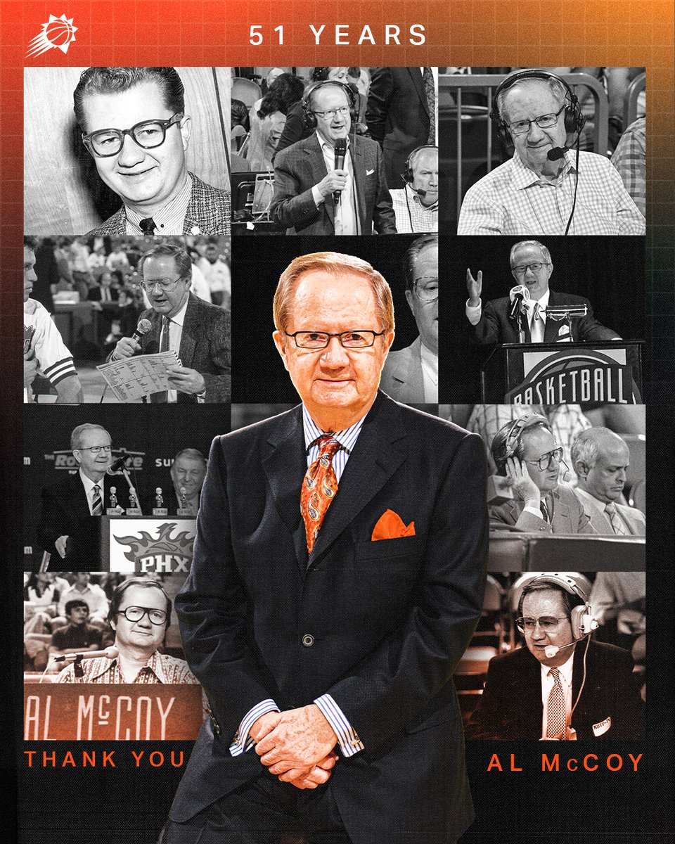 Suns's tweet photo. Forever the Voice of the Suns 🎙️

Thank you, Al McCoy, for a legendary Hall of Fame career. SHAZAM! https://t.co/6A6Azgj3ZR