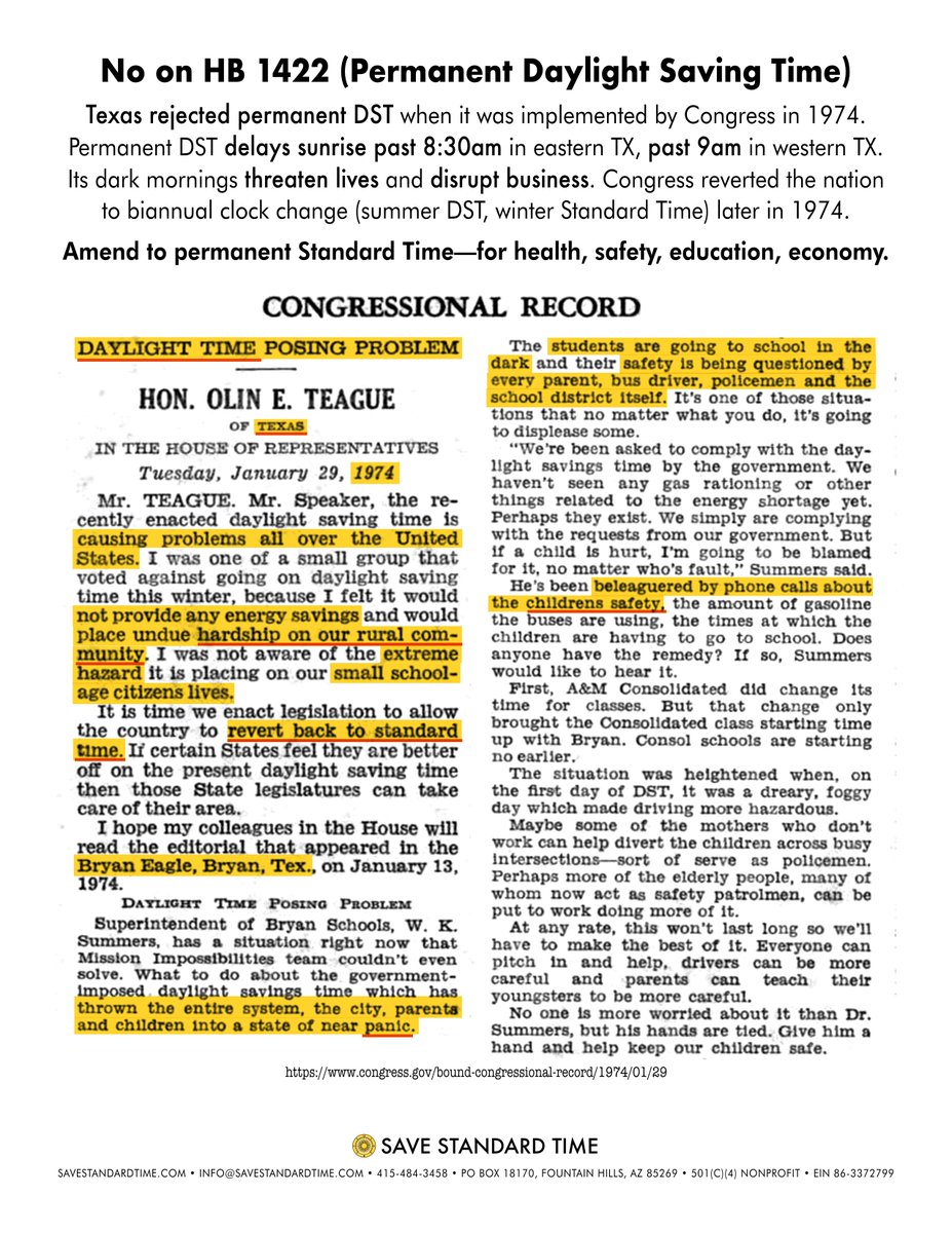 SaveStandard's tweet photo. @MarthaHabluetz1 @KyleKacal It’s true! HB 1422’s permanent DST is federally forbidden, and for good reason. Its 8:30am sunrises threatened lives and business in 1974. Texans rejected it then. Stop HB 1422, amend it to permanent Standard Time. @LujanForTX @FourPriceTX @reptinderholt https://t.co/q98mJM3XJ6