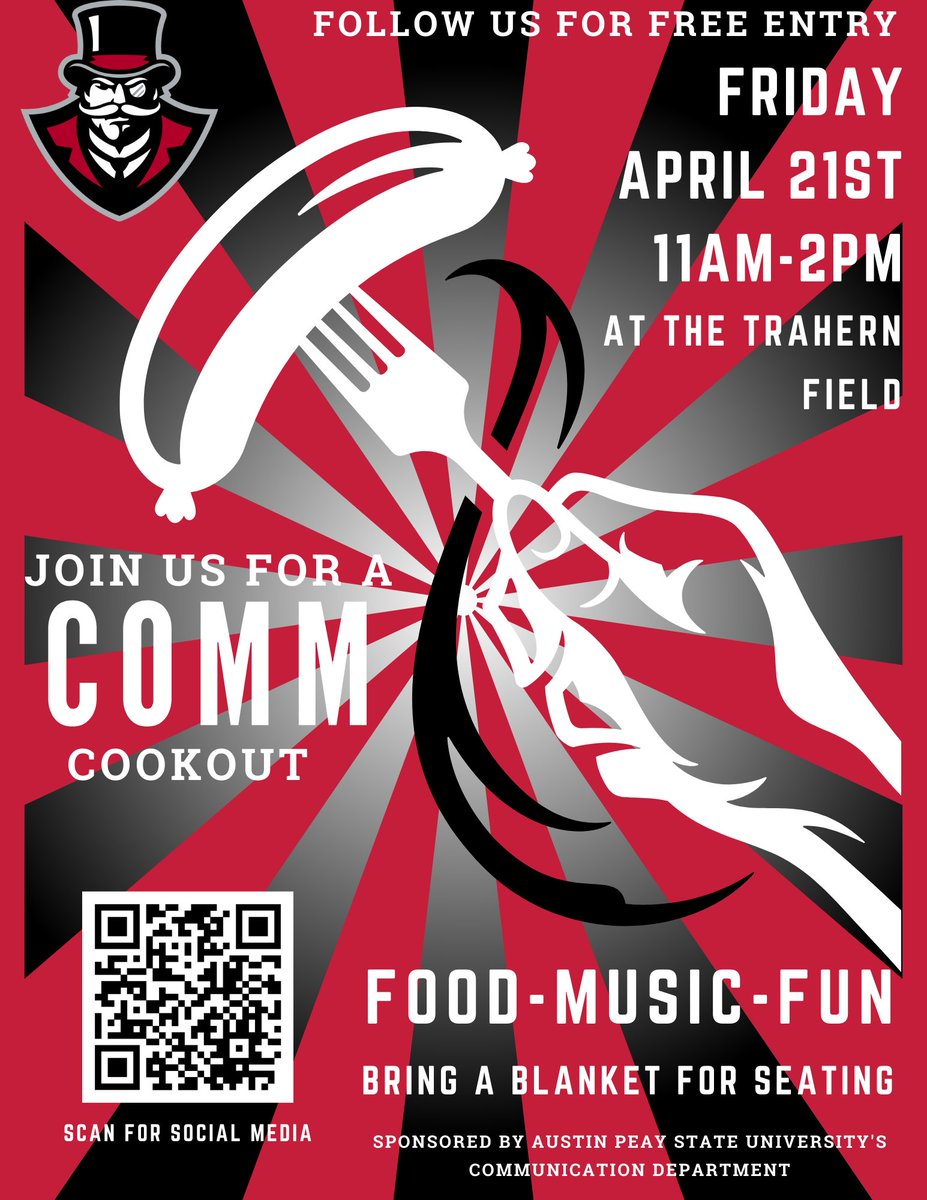 <a href="/apsucommdept/">APSU Comm Dept</a> is hosting the Comm Cookout on Friday, April 21st in the Art and Design Green Space/Trahern Field. Food, music, and good vibes will be provided! Pop out!