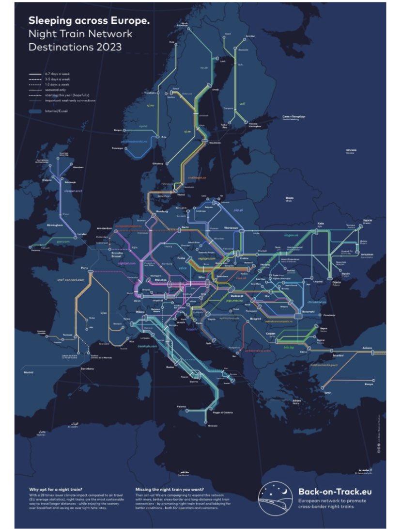 Wilderauthor's tweet photo. Now I have this map for overnight trains I want to go on as many as possible! How fabulous is this map? #OvernightTrain #EuropeRail #TrainTravelEurope #AdventureByTrain https://t.co/4nxxBEgx1p