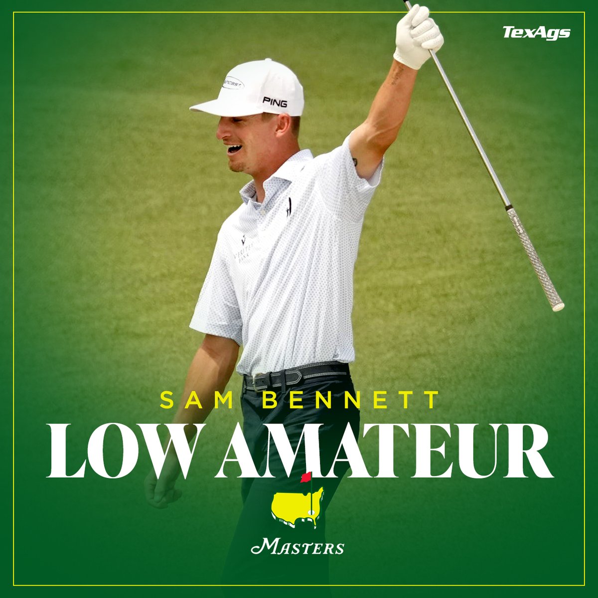 TexAgs's tweet photo. The 2023 Masters Low Amateur is @sammy_golf24243! ⛳️👍

The Texas A&amp;M senior concludes #TheMasters at 2-under-par with the first top-20 finish by an amateur since 2005! #GigEm https://t.co/83P8PhG4Fy