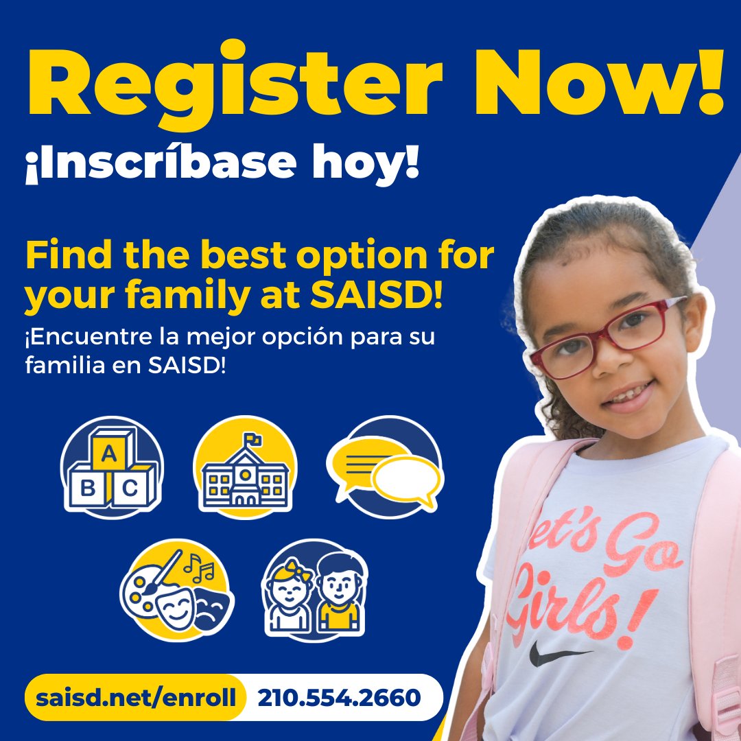 📣 All new and returning SAISD families can now go online and complete their registration for the 2023-2024 year.

➡️ saisd.net/enroll

📣 Todas las familias nuevas y las que regresen a SAISD ahora pueden completar su inscripción en línea para el año escolar 2023-2024.