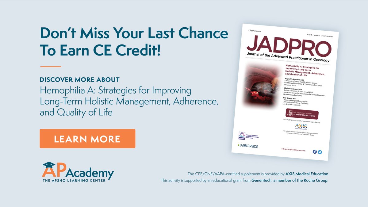 APSHOorg's tweet photo. Don’t miss out on earning CE credit by learning about the currently approved prophylaxis therapy in hemophilia A, the benefits of prophylaxis and adherence, and patient quality-of-life factors with JADPRO CE!
To learn more: https://t.co/3sUyCMcMz5
#APSHO #APacademy #JADPROce https://t.co/OS6gG4cWXw