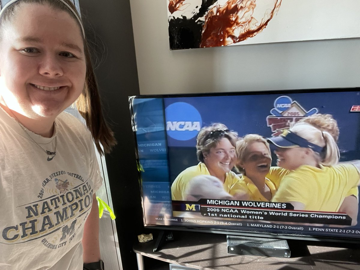 whitney_b13's tweet photo. I spent my Easter watching @umichsoftball beat Illinois and then watched the 2005 WCWS Championship game - still just as crazy of a game as I remember and I will still wear this shirt even if it has 10 holes in it! #goblue https://t.co/IQQ03jKA8z