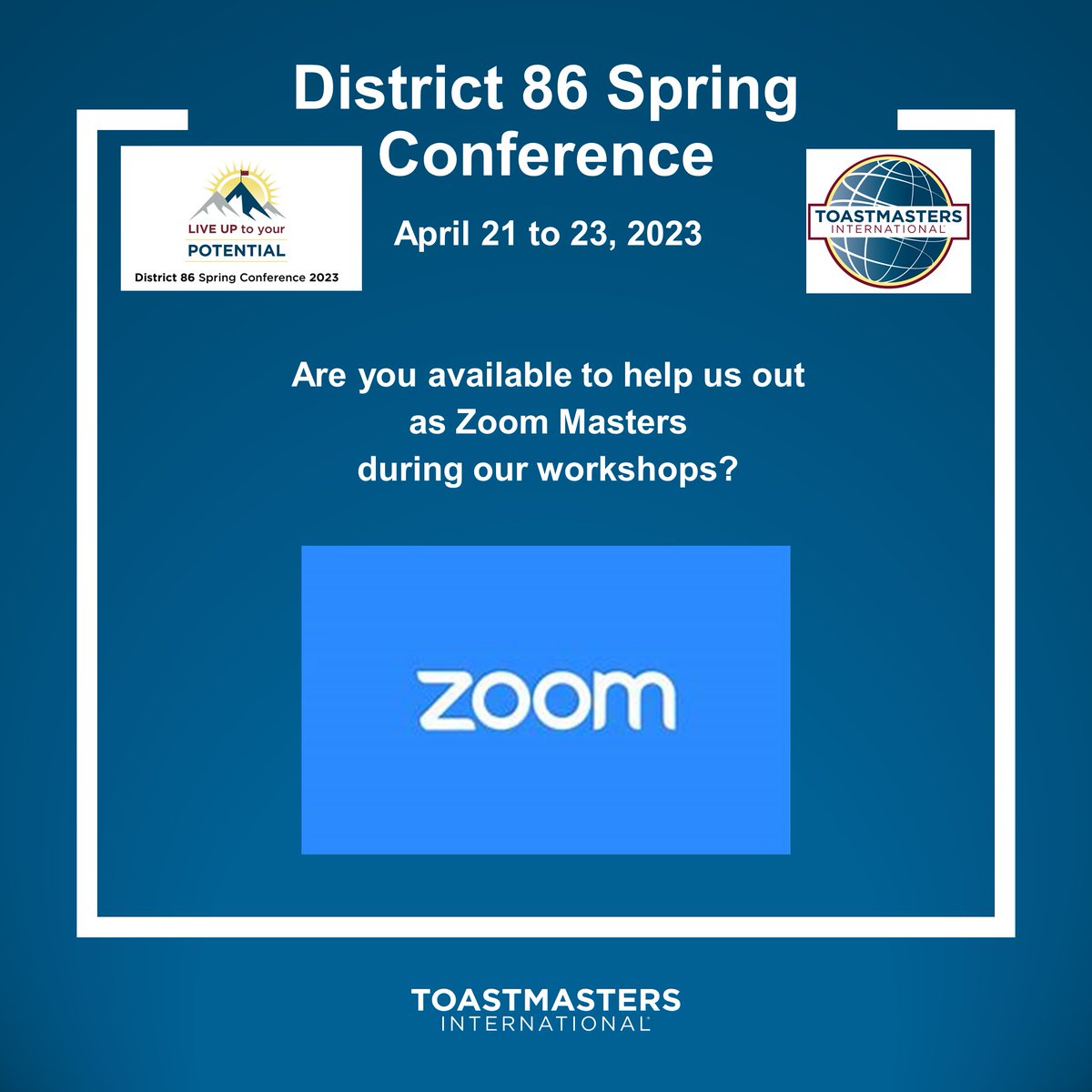 Toastmasters86 (@toastmasters86) on Twitter photo Please connect with Nicole conferencechair@toastmasters86.org; and let her know that you can help out. Many hands make light work. #zoommeeting #Toastmasters #conference @MovrinNancy Please connect with Nicole conferencechair@toastmasters86.org; and let her know that you can help out. Many hands make light work. #zoommeeting #Toastmasters #conference @MovrinNancy