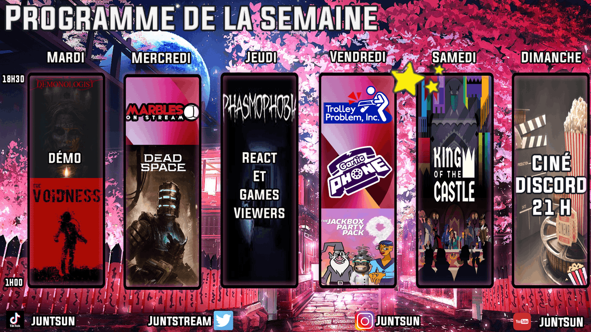 Juntstream's tweet photo. Voici le planning du stream .
Passez une belle semaine <3
#twitch #twitchfr #twitchfrance #pushpartners #streamer #streamerfr #jeuxvideos #videogames #horreur #commu https://t.co/as0gbs76wF