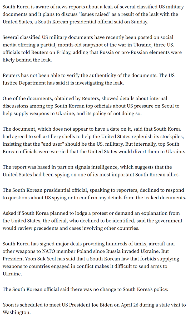 DefsecaBD's tweet photo. A leaked document states the US had been spying on one of its most important South Korean allies. Top South Korean officials worried the US will divert artillery munition shipments to Ukraine instead of replenishing its stocks. #TBDA #Geopolitics #SIGINT https://t.co/GEScbClifU