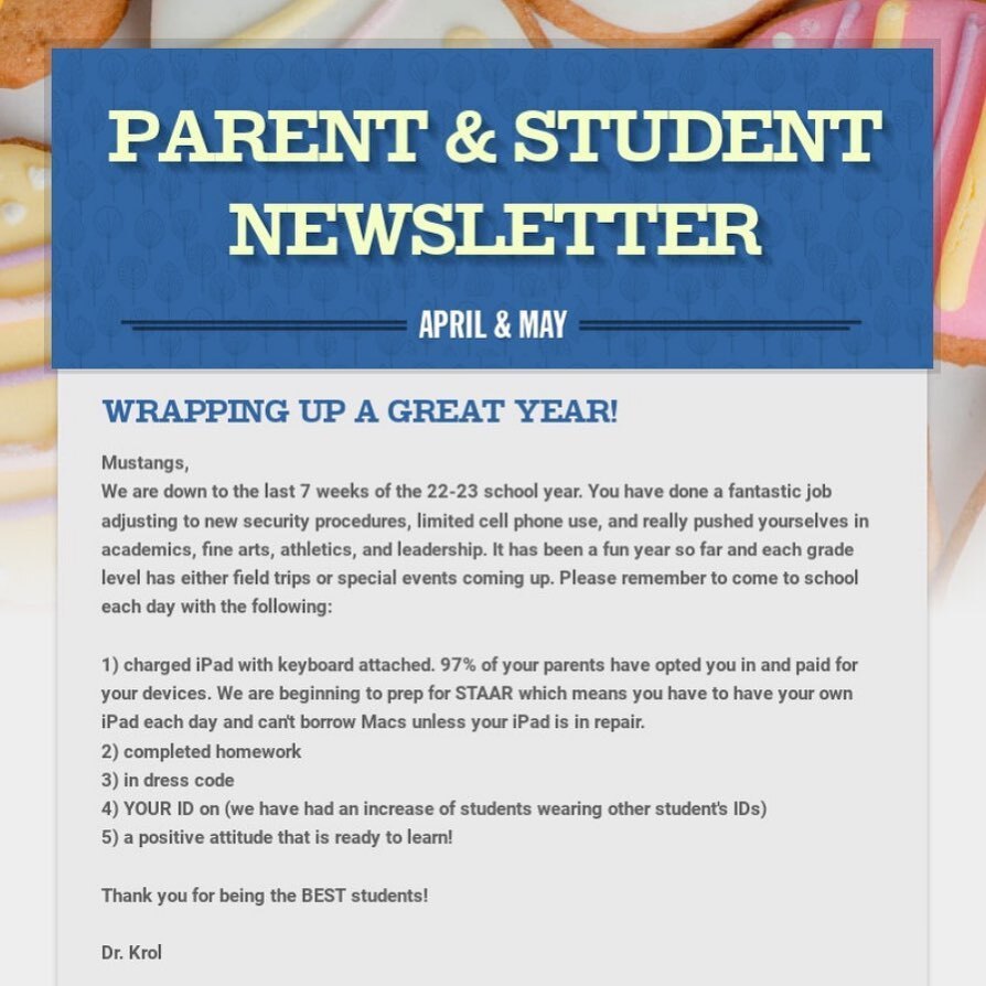 Dr. Krol’s @killian_ms_lisd Parent &amp; Student Newsletter for April &amp; May is out, and there is a LOT of important information in there!  The latest edition should have been sent directly to you via email or can be accessed using the link in our bio. instagr.am/p/Cq1XP1Os3L3/