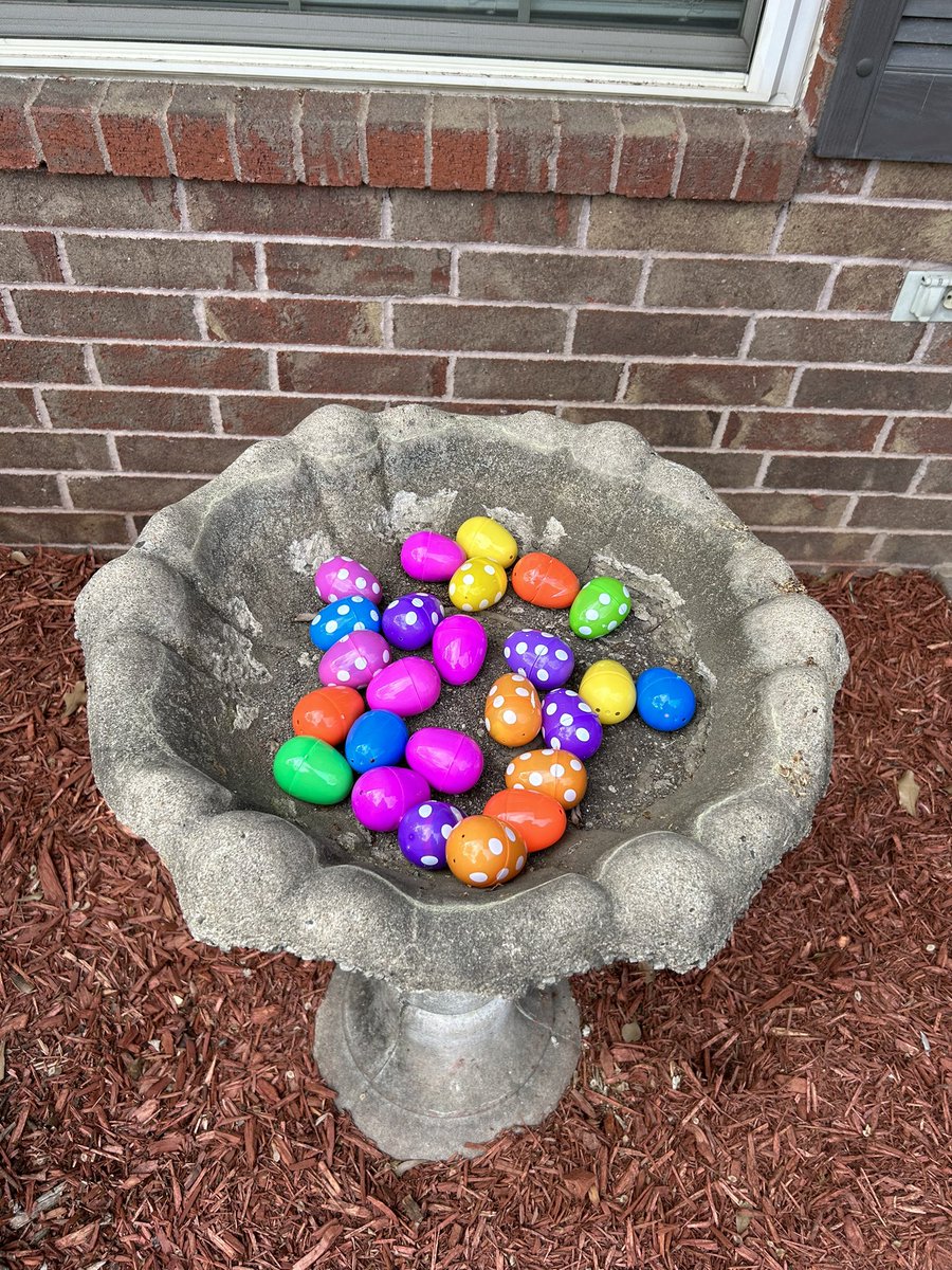 Alma Student Council aka nephew #3 hid Easter eggs at his Uncle Toms home. They did a great job hiding them but I had to help find them all and then put them in the bird bath. Note to Alma StuCo … old people don’t need sticky candy …. 😜