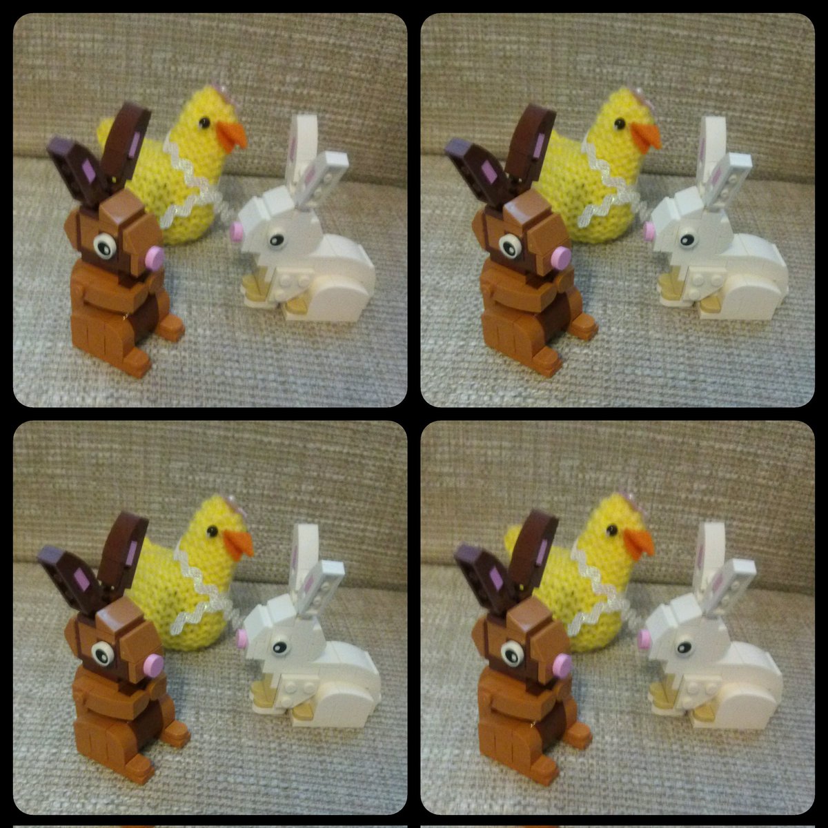#HappyEaster  #LEGO Easter bunnies and knitted #CREAMEGG chick 3D image top parallel view similar to magic eye images bottom pair cross eyed view.