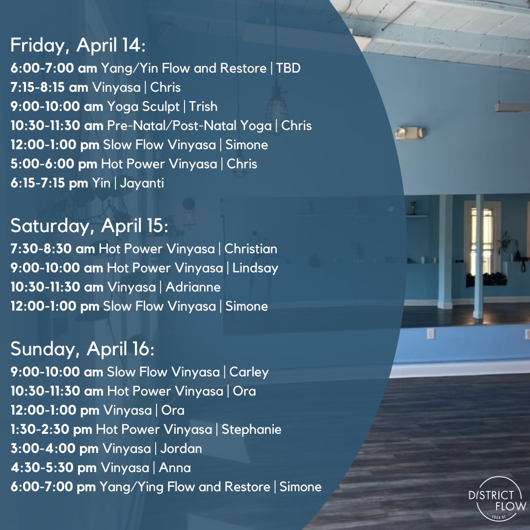 District_Flow's tweet photo. Happy Easter!! 🐣 Here is our class schedule for this week’s yoga! Come join us in studio by signing up at https://t.co/f5XeGSofdK! https://t.co/DM78Ho2JhP