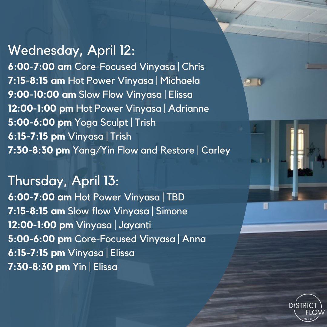 District_Flow's tweet photo. Happy Easter!! 🐣 Here is our class schedule for this week’s yoga! Come join us in studio by signing up at https://t.co/f5XeGSofdK! https://t.co/DM78Ho2JhP