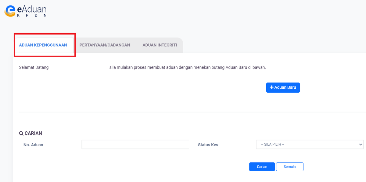 Ezad_Amir's tweet photo. Kemudian pilih "Aduan Kepenggunaan."

Tekan "Aduan Baru." https://t.co/p20NHJjMbm