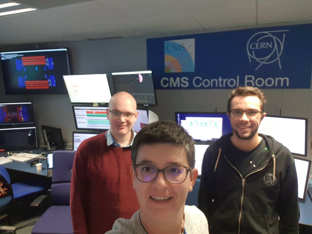 Almost 7am here and even after 8hours on night shift at P5 to operate @CMSExperiment, happy faces here! LHC did many cycles to prepare the 2nd year of #LHCRun3. Thanks Colin+Jan Lukas to be here with me, and Chayanit+Wei to stay connected! The morning crew will soon take over...