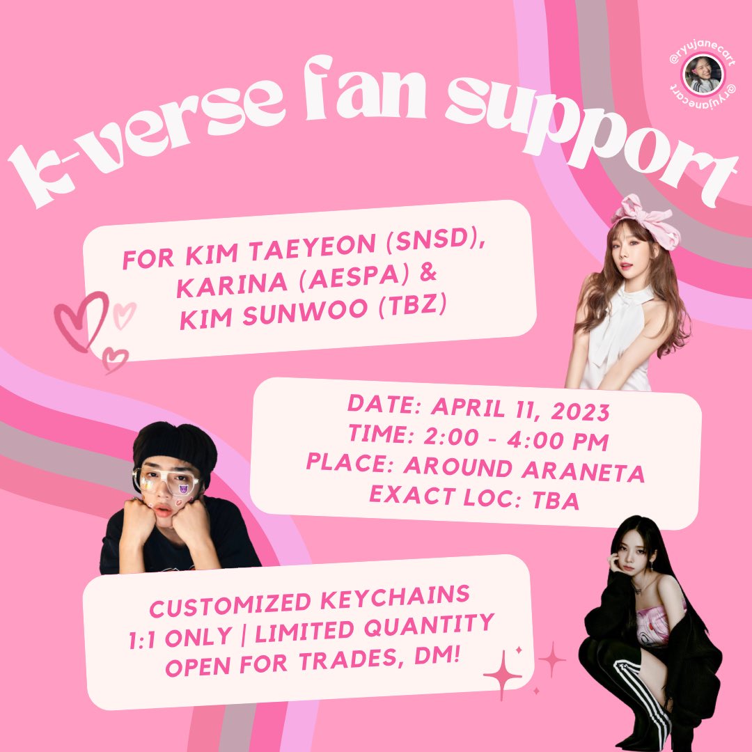 ryujanecart's tweet photo. HENLO !!! 🦋

💖 taeyeon, karina &amp; sunwoo fan support by @ryujanecart ૮꒰ྀི∩´ ᵕ ∩꒱ྀིა

𓂋♡.˚ customized keychains .˚♡𓂋

📍 april 11 • araneta 
☁️ mbf like &amp; rt !
  ⤷ show proofs on d-day
✨ open for trades

[ #KVersePH #snsd #taeyeon #aespa #karina #theboyz #sunwoo ] https://t.co/05yNK5jdFS
