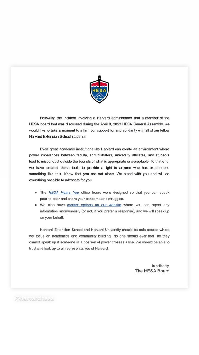 HarvardESA's tweet photo. We would like to take a moment to affirm our support for and solidarity with all of our fellow Harvard Extension School students. 

To view the April 8, 2023 General Assembly, please go to: 
https://t.co/9zRR6Lmmq3 https://t.co/2Fu0E7Zh2m