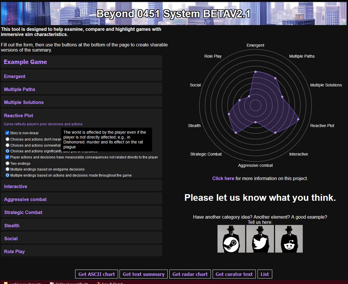 Beyond_0451's tweet image. Struggling to find immersive sims on Steam?
Help us improve our immersive sim discovery tool!
digaphobia.github.io
Please use the beta and let us know how to make it better. Explore a game you have played recently and post the results.
#immersivesim #imsim #steam