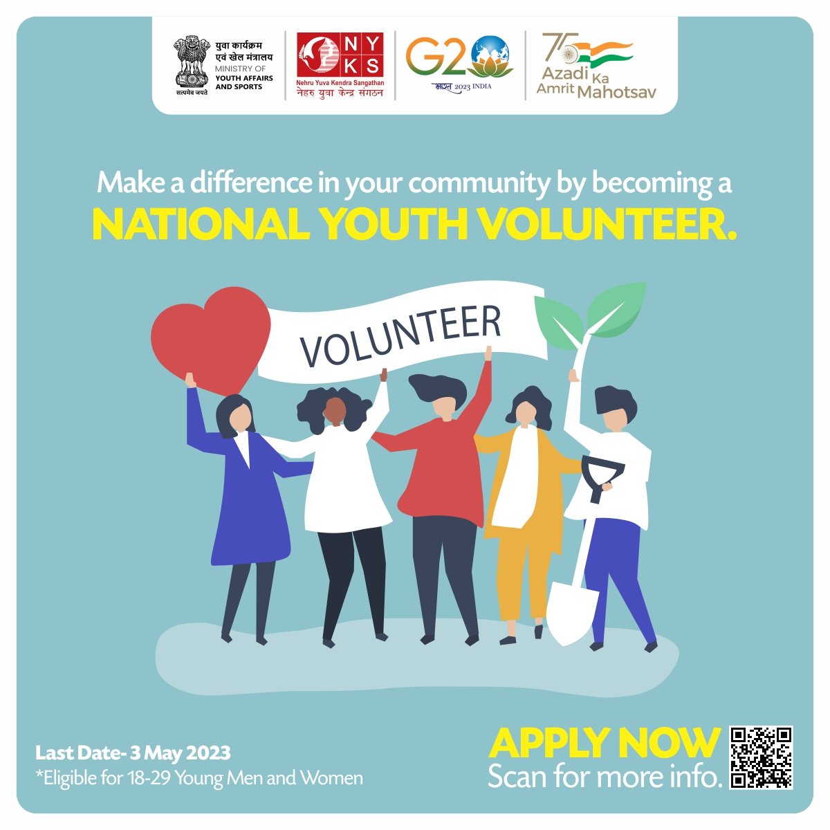 Become a National Youth Volunteer and make a difference. 
Eligible for 18-29 Young Men and Women. 
For more information connect with your nearest NYK district offices or Scan the QR code.  
Visit: nyks.nic.in

#NYV #YouthVolunteer #NyksIndia #Youth #India