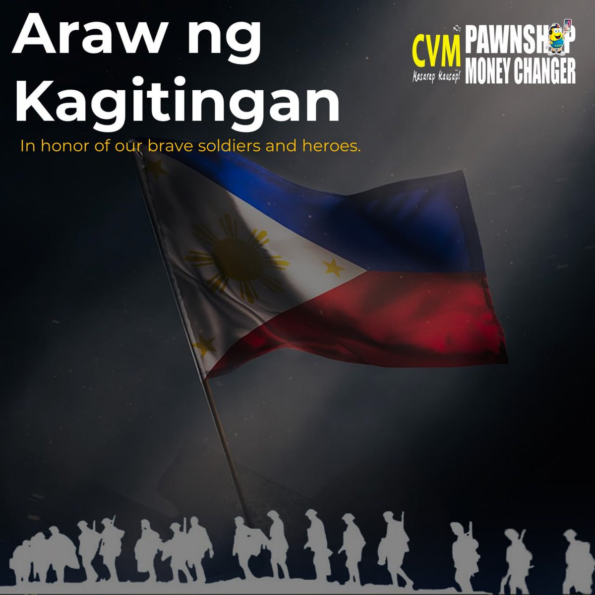 cvmpawnshops's tweet photo. Ngayong Araw ng Kagitingan, ating alalahanin ang mga sakripisyo ng mga Pilipinong lumaban para sa ating bansang Pilipinas. 

Open po ang aming mga branches ngayong araw to serve you.

🇵🇭💪🏼 #ArawNgKagitingan2023 https://t.co/YUtAEYIec4