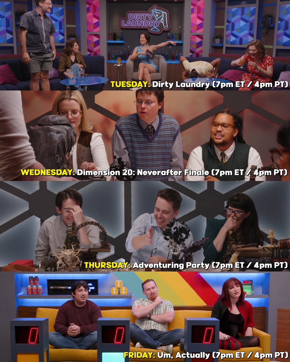 Dropout (@dropout) on Twitter photo This week on Dropout.tv:
🍹Tuesday: <a href="/DirtyLaundryDO/">Dirty Laundry 🍸🧦</a> w/ @joshruben <a href="/MintMilana/">Milana Vayntrub</a> <a href="/sandeepparikh/">Sandeep Parikh</a> & <a href="/verymarykate/">Elaine Carroll</a>
📚Wednesday: <a href="/dimension20show/">Dimension 20 🎲</a> Neverafter Finale
🥳Thursday: Adventuring Party
☝️Friday: <a href="/UmActuallyShow/">Um Actually</a> w/ <a href="/TheMattAcevedo/">Matt Acevedo</a> <a href="/CoyJandreau/">Coy Jandreau</a> & <a href="/IgnisTwote/">Morgana Ignis, Pro Demoness</a> This week on Dropout.tv:
🍹Tuesday: <a href="/DirtyLaundryDO/">Dirty Laundry 🍸🧦</a> w/ @joshruben <a href="/MintMilana/">Milana Vayntrub</a> <a href="/sandeepparikh/">Sandeep Parikh</a> & <a href="/verymarykate/">Elaine Carroll</a>
📚Wednesday: <a href="/dimension20show/">Dimension 20 🎲</a> Neverafter Finale
🥳Thursday: Adventuring Party
☝️Friday: <a href="/UmActuallyShow/">Um Actually</a> w/ <a href="/TheMattAcevedo/">Matt Acevedo</a> <a href="/CoyJandreau/">Coy Jandreau</a> & <a href="/IgnisTwote/">Morgana Ignis, Pro Demoness</a>