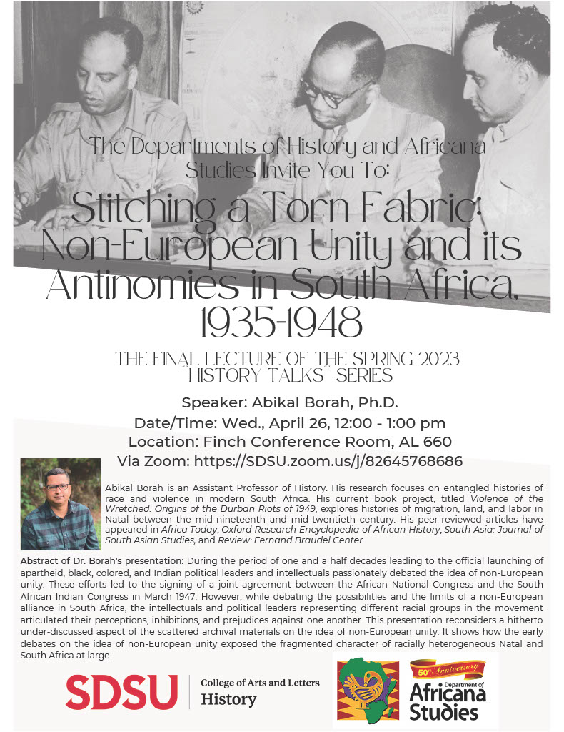 AbikalB's tweet photo. My colleagues in the Department of History @SDSU have generously offered an opportunity to share my work through the History Talk Series. Interested friends can join the lecture using the Zoom link on the flyer. https://t.co/wm0sFoKfCW