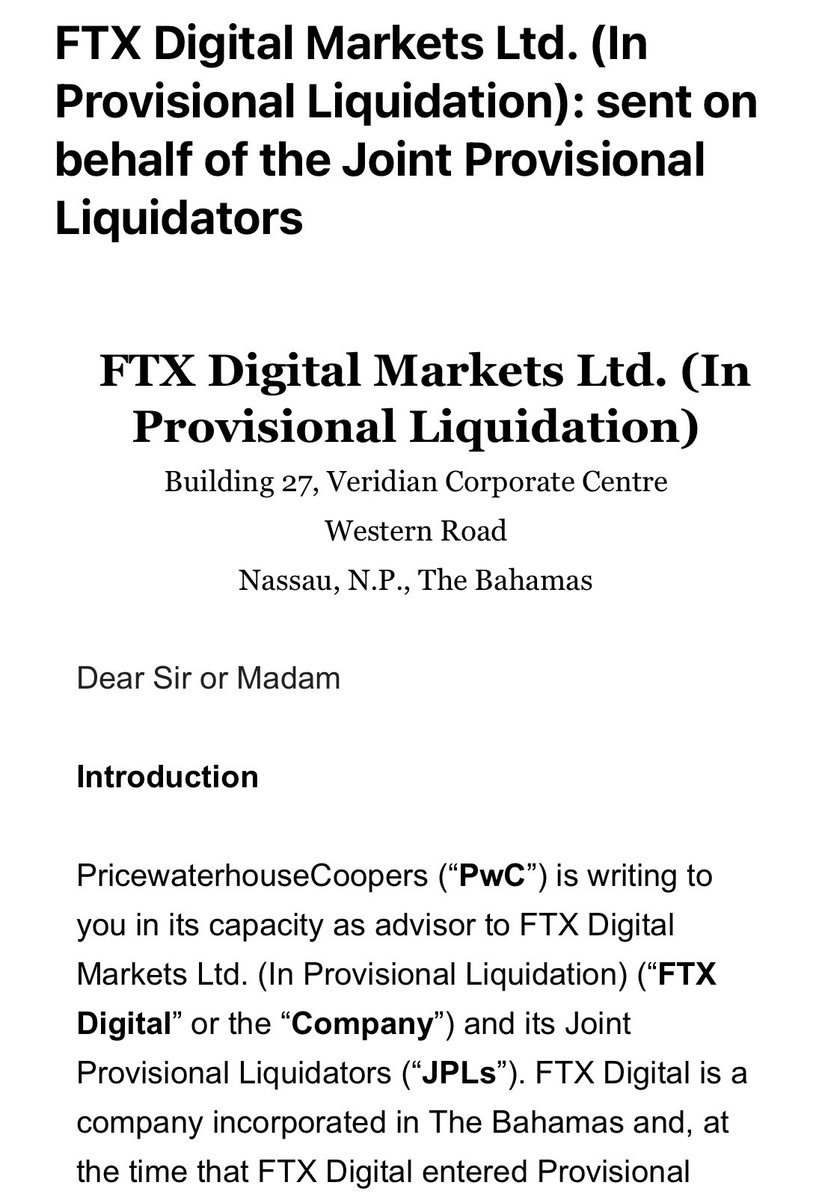 FTX.com再開の可能性もPWCが示唆

以前、迷惑メールに入っていたバハマからのFTXメール、スキャムを疑いつつもPWCの公式サイトに登録したのは以前書いたところ。

サイトへの登録者へPWCから報告メールが来たが、興味深いポイントが多くあったので次に列挙します