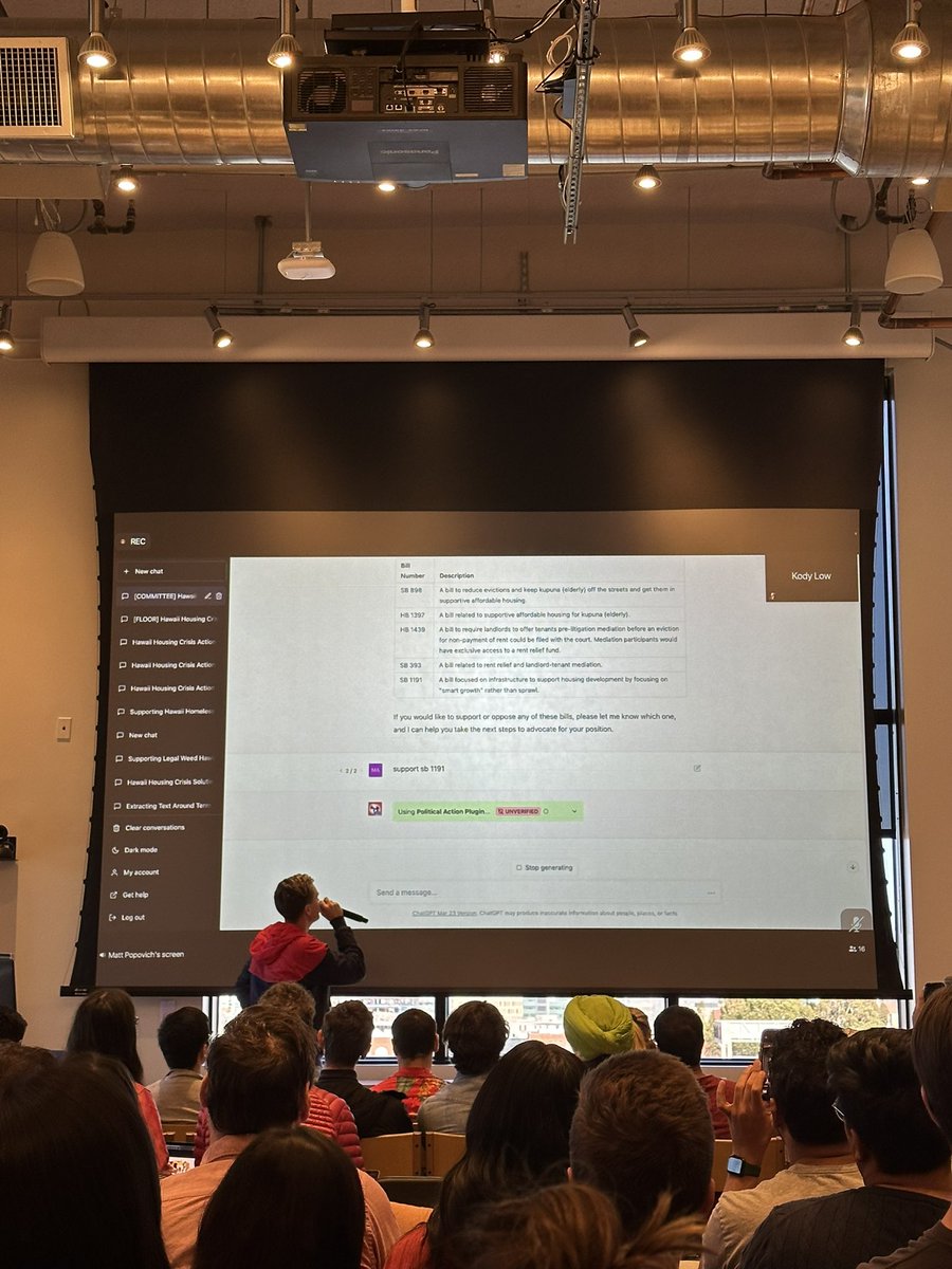 ChatGPT Hackathon Demos w/ @trychoma, @replit:

🔩 ChatGPU - Connect to a GPU + NVIDIA SMI
🪄 PromptWizard - Access top prompts like for games
📊 MLFlow Assist - See/deploy ML Flow experiments
🇺🇸 Political Action - Send custom emails to legislators