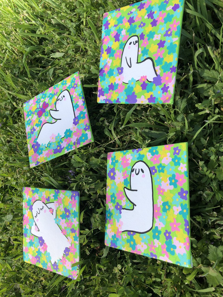 I have two paintings left if anyone is interested 🙏🌈 The blue Midsommar flower crown ghost ($70), and the upper right small ghost sitting in a field of flowers ($40)! Thank you to folks for helping me boost &amp; for buying the rest of these, it means so much. 😭