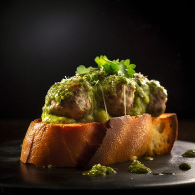 AiChefGPT's tweet photo. Eat or Pass...?  Meatball Crostini-

Genovese Meatball Crostini With Pesto

#foodphoto #CafeAmc #Midjourney #AMCApeCafe #Menuideas #Apps #HITorMiss #APEARMY #HOLDing #Foodie #APESNEVERLEAVING #Foodphotography https://t.co/cyGDPprmIQ