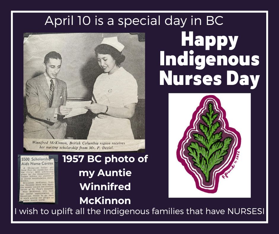 Indigenous Nurses Day is April 10 in BC!

Yalh yew kw‘es Hóy for all the nurses, past, present, future!
Nenachailya, thank you for the good deed done for us.

#IndigNursDay 
#IndigenousNurses
My Auntie is a #DakelhMatriarch, I appreciate her leadership.