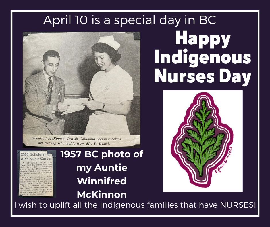 peggybe_oonujut's tweet photo. Indigenous Nurses Day is April 10 in BC!

Yalh yew kw‘es Hóy for all the nurses, past, present, future!
Nenachailya, thank you for the good deed done for us.

#IndigNursDay 
#IndigenousNurses
My Auntie is a #DakelhMatriarch, I appreciate her leadership. https://t.co/8XRlVO8rqz
